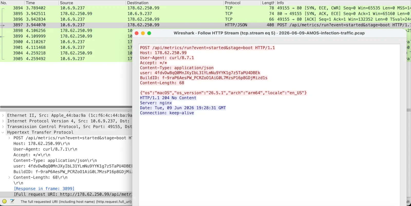 Wireshark Follow HTTP Stream of the AMOS boot beacon: POST /api/metrics/run?event=started&stage=boot to 178.62.250.99, curl/8.7.1 User-Agent, custom user and BuildID headers, JSON body with macOS 26.5.1 arm64, answered 204 No Content by nginx