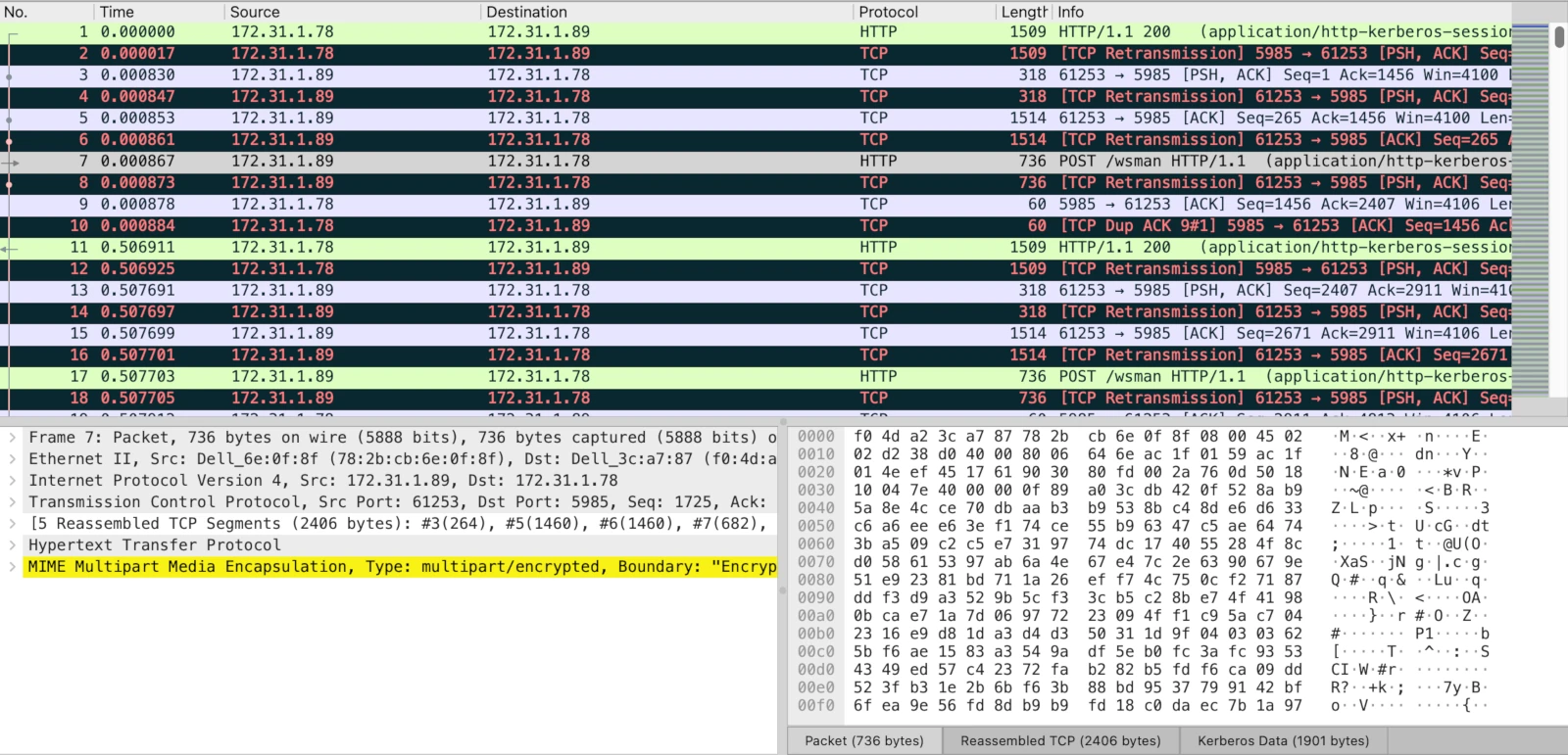 Wireshark showing the original full-size PCAP capture of a TCP file transfer, with multiple TCP Retransmission packets and full-length frames carrying payload