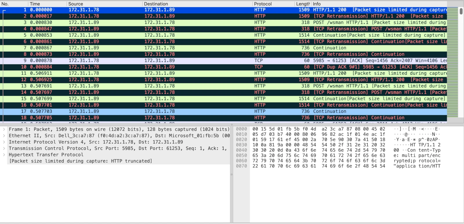 The same capture after editcap -s 128: Wireshark notes 'Packet size limited during capture: HTTP truncated', frames are tiny, but the TCP sequence numbers, ACKs and retransmissions are preserved