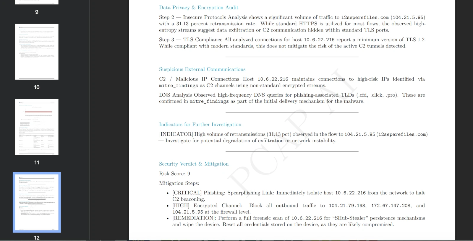 PcapAI security verdict for the SHub Stealer PCAP: encryption audit noting the 31.13 percent retransmission flow to i2seperefiles.com, TLS 1.2+ compliance, C2 connections over non-standard encrypted streams, high-frequency DNS for .cfd .click .pro TLDs, risk score 9, and mitigation steps to isolate 10.6.22.216 and block the C2 infrastructure