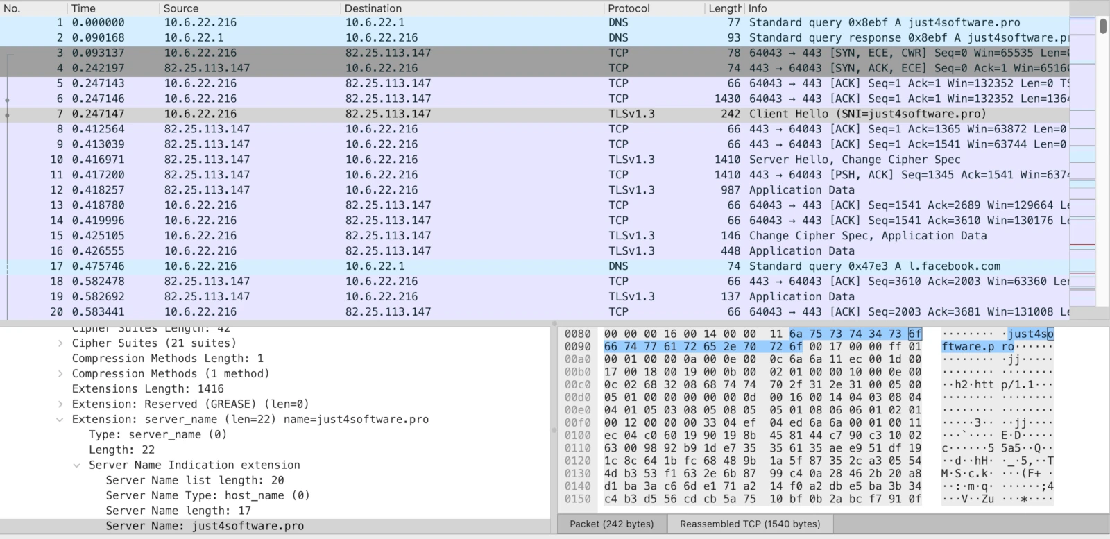 Wireshark view of the first packets of the SHub Stealer capture: DNS query for just4software.pro at t=0, TCP handshake to 82.25.113.147 port 443, and a TLS 1.3 Client Hello with SNI just4software.pro shown in the packet detail pane
