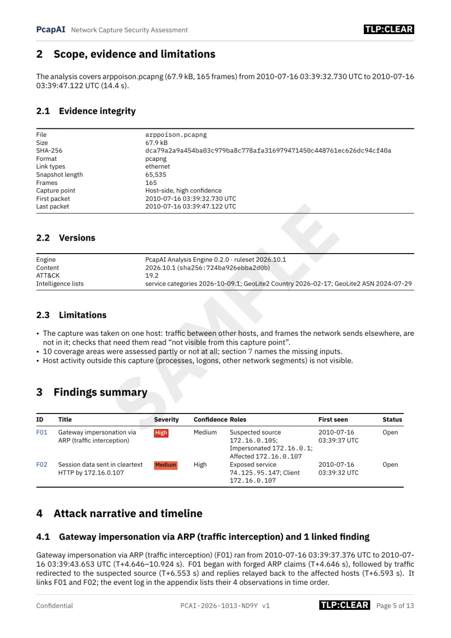 PCAP analysis report example, scope page: capture SHA-256, frame count, engine and ruleset versions and limitations
