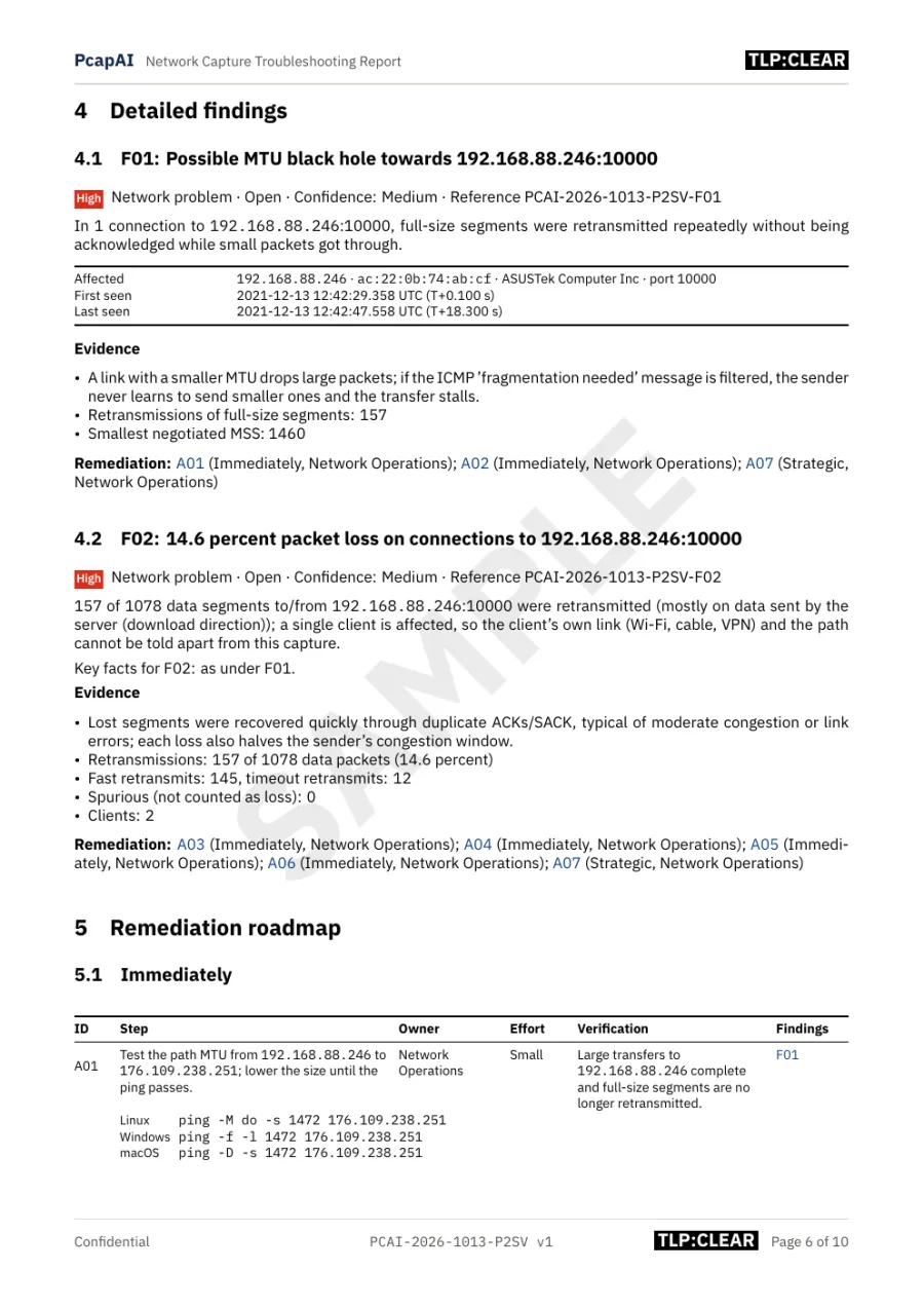 Network troubleshooting report example: detailed findings and remediation steps with commands, owners and verification