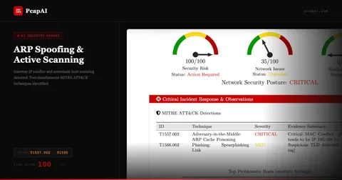 PcapAI report - ARP Cache Poisoning and Active Scanning detected, Risk Score 100/100