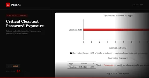 PcapAI report — 100% plaintext traffic with credential exposure detected, Risk Score 80/100