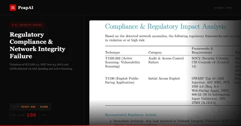 PcapAI report — PCI DSS, NIST 800-53 and SOC2 violations detected, Risk Score 100/100