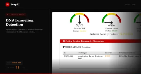 PcapAI report — DNS tunneling detected, MITRE T1071.004, Risk Score 75/100