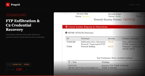 PcapAI report — FTP data exfiltration and C2 credentials recovered, Risk Score 100/100