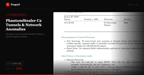 PcapAI report — PhantomStealer C2 beaconing and SMTP exfiltration detected, Risk Score 100/100