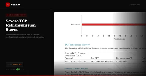 PcapAI report — TCP retransmission storm with 61% packet loss detected, Risk Score 40/100